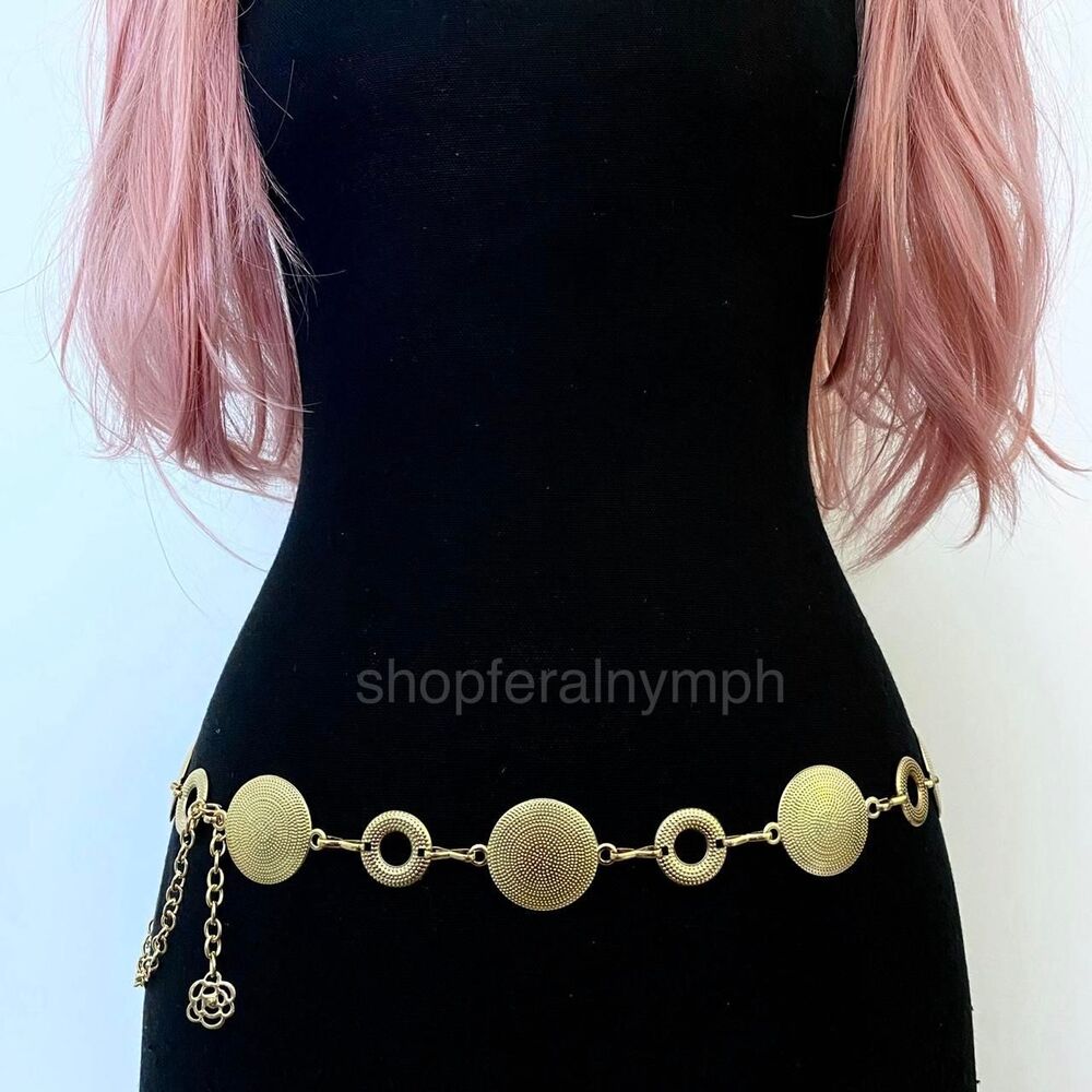 Gold Y2K Textured Disc Open Ring Waist Chain Belt, Fits 24-42 Inches, X7GA1359